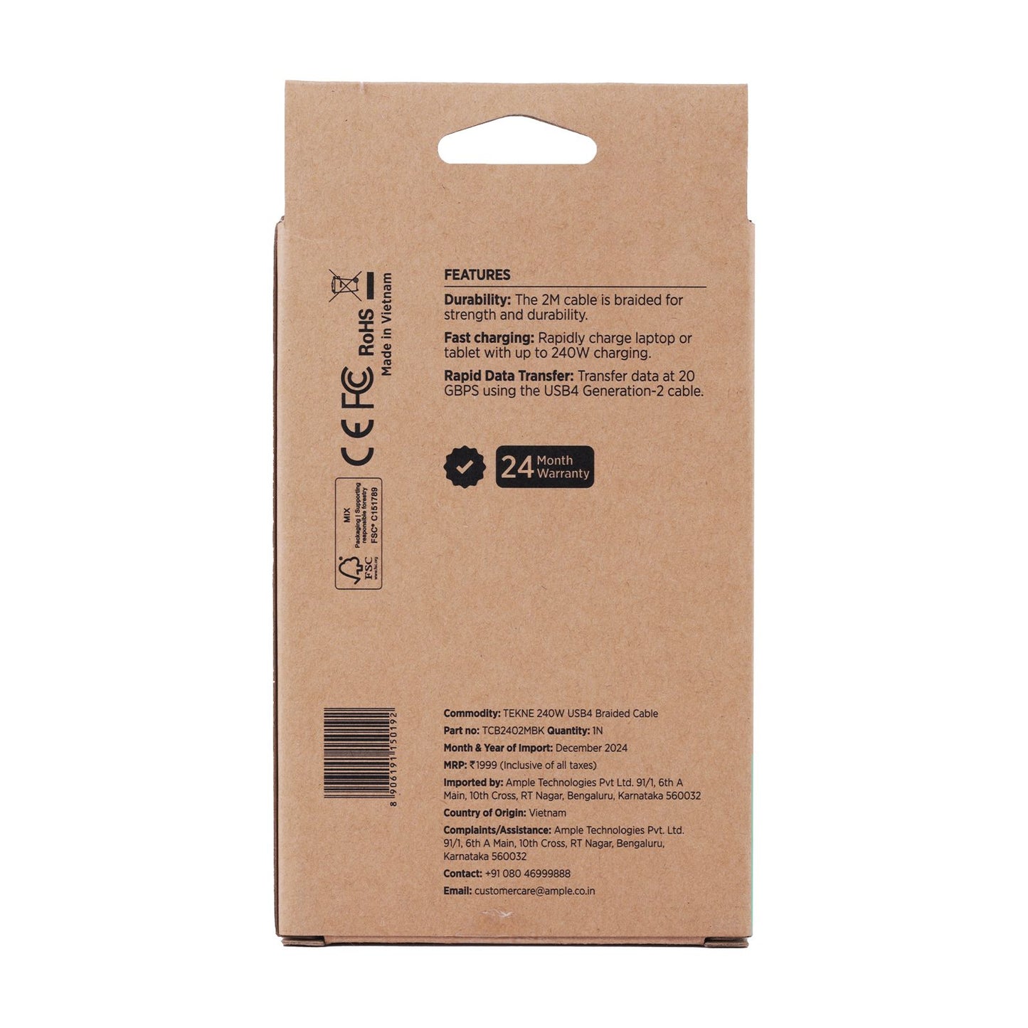 Tekne 240W USB4 Braided Cable | Ultra-Fast Charging & 20Gbps Data Transfer | Durable 2m Cable - Black