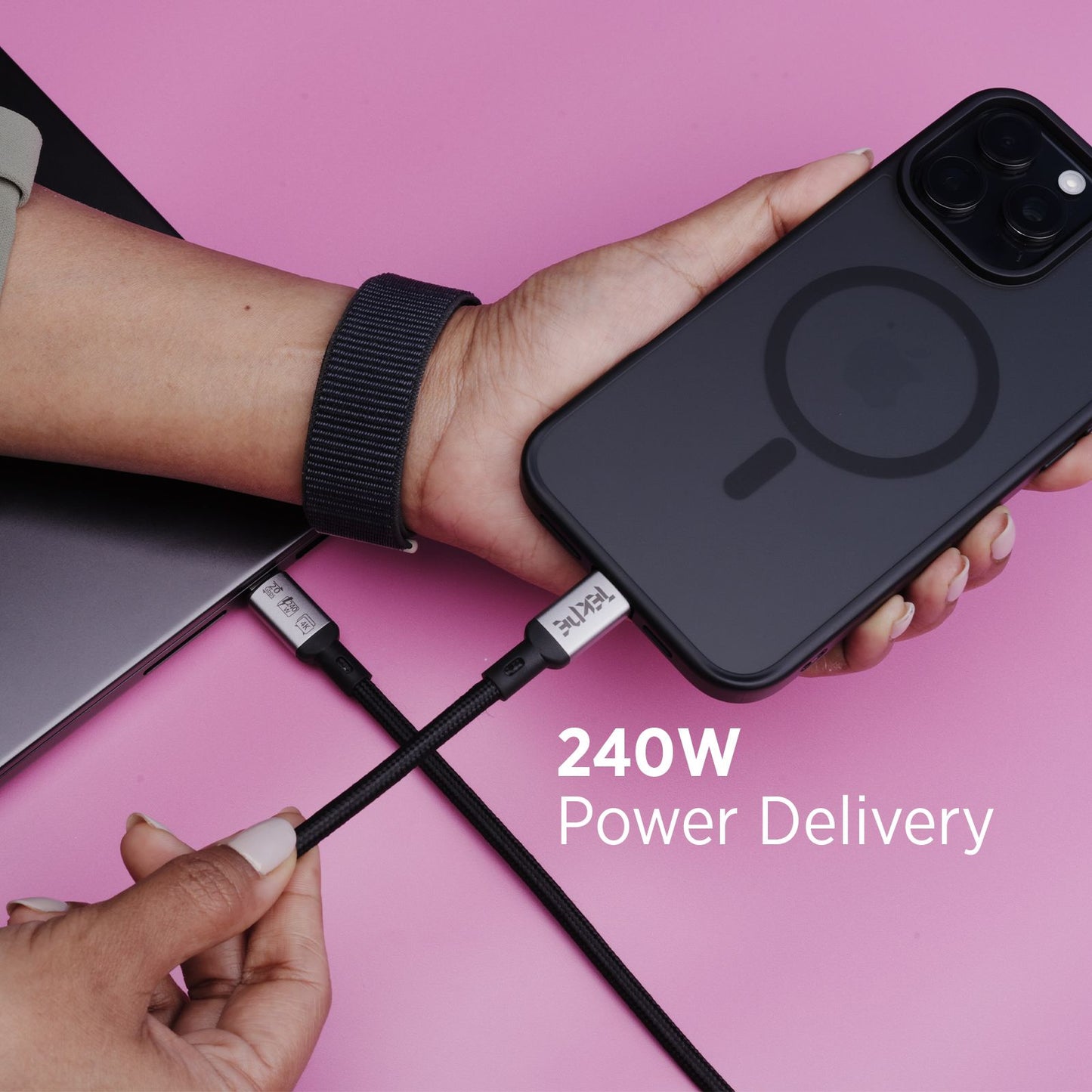Tekne 240W USB4 Braided Cable | Ultra-Fast Charging & 20Gbps Data Transfer | Durable 2m Cable - Black