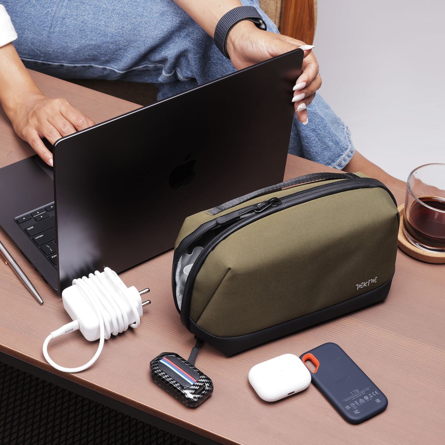 Tekne Gadget Organiser | Water-Resistant Tech Pouch with Multiple Compartments | Olive Green | Travel-Friendly