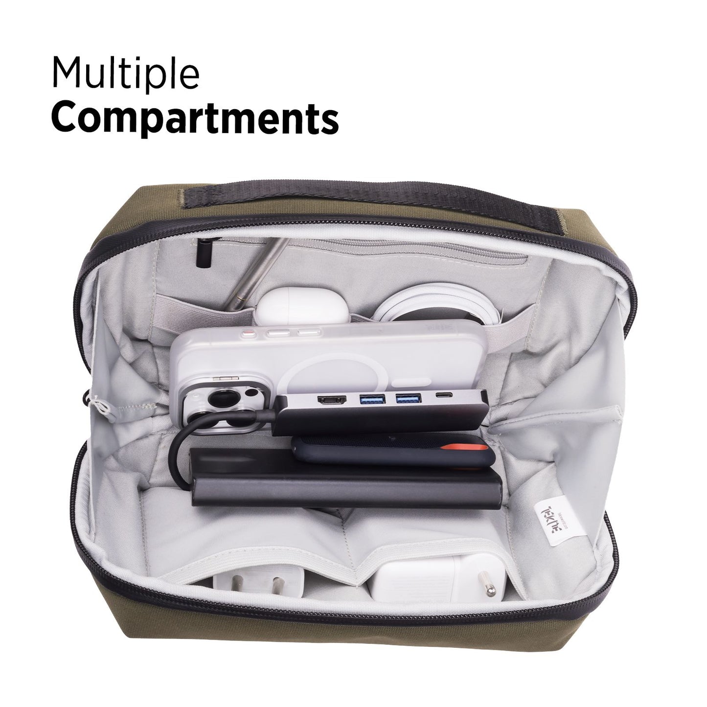 Tekne Gadget Organiser | Water-Resistant Tech Pouch with Multiple Compartments | Olive Green | Travel-Friendly