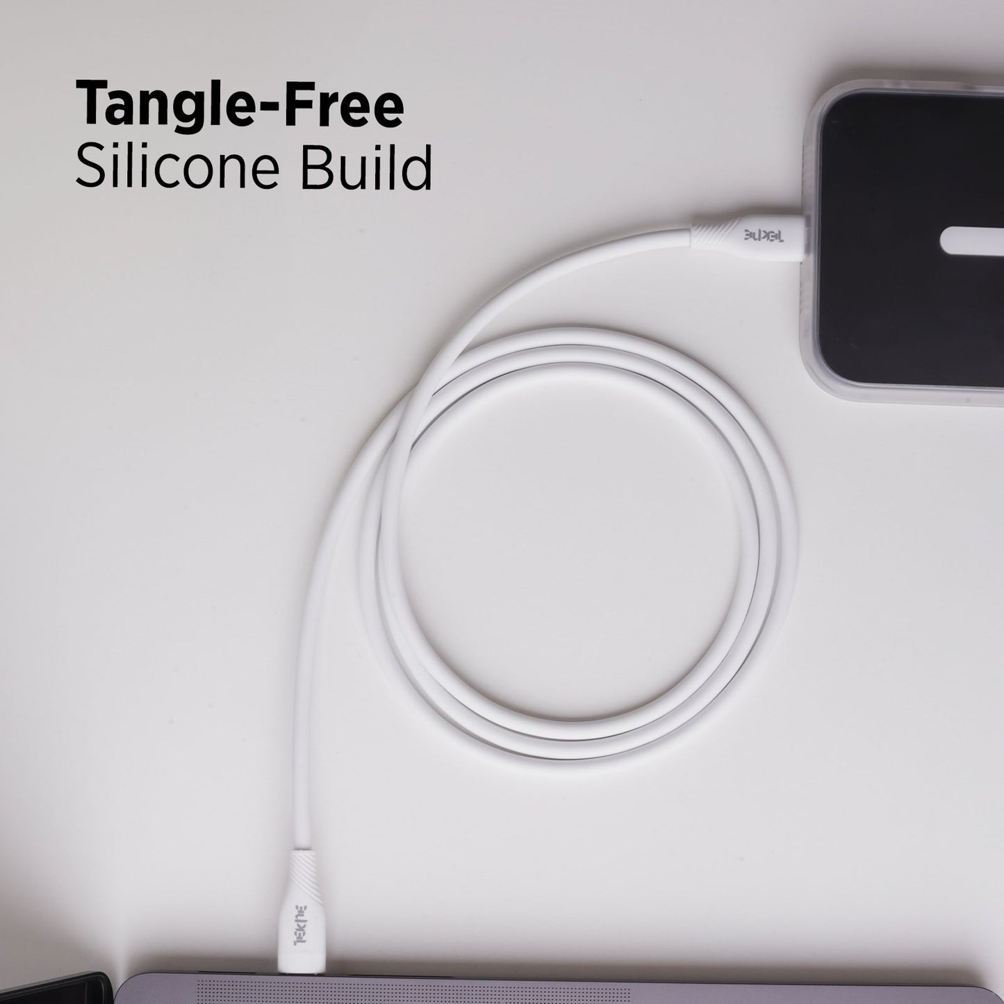 Tekne 60W iPhone Silicone Charging Cable | Fast Charging | Ultra-Durable | Tangle-Free Design - White