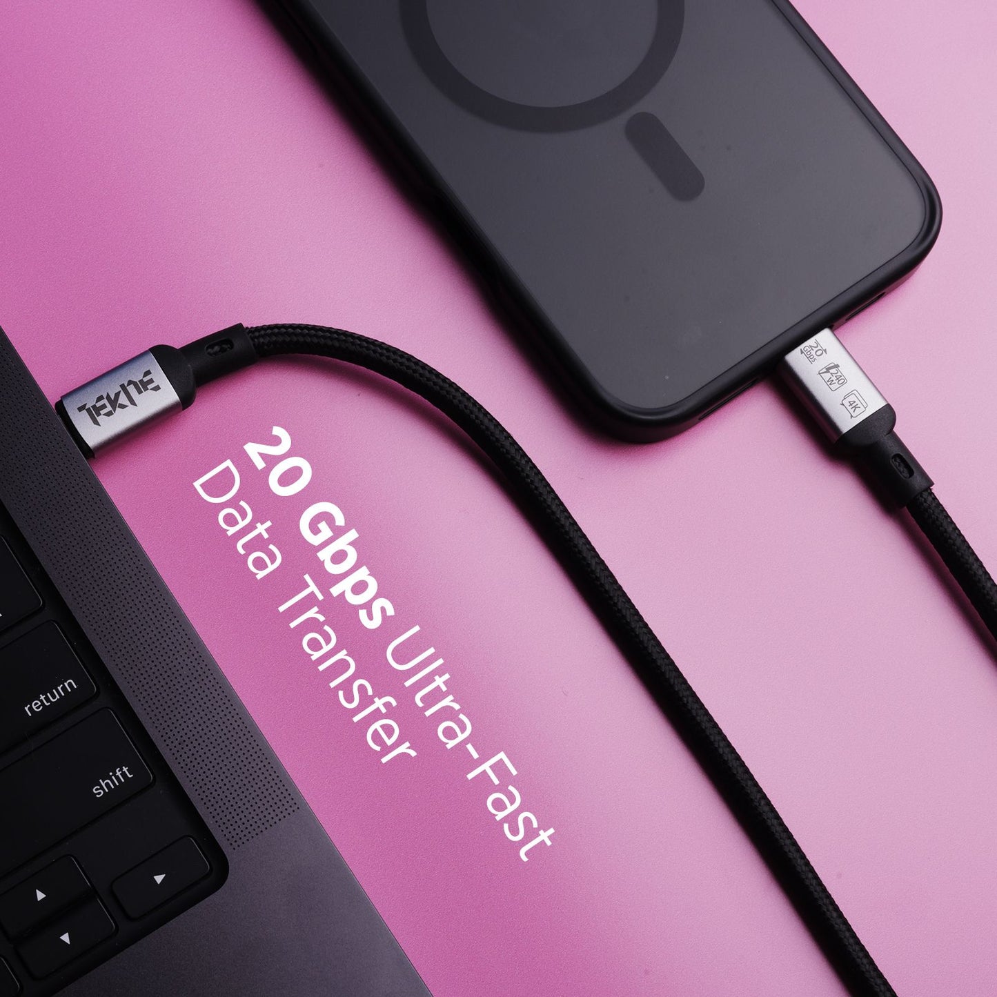 Tekne 240W USB4 Braided Cable | Ultra-Fast Charging & 20Gbps Data Transfer | Durable 2m Cable - Black