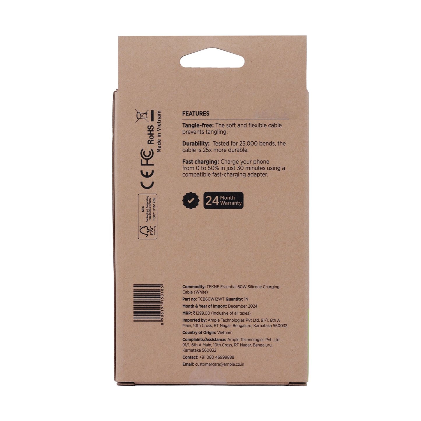 Tekne 60W iPhone Silicone Charging Cable | Fast Charging | Ultra-Durable | Tangle-Free Design - White