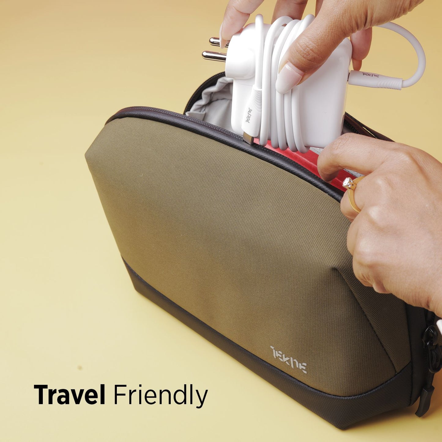 Tekne Gadget Organiser | Water-Resistant Tech Pouch with Multiple Compartments | Olive Green | Travel-Friendly