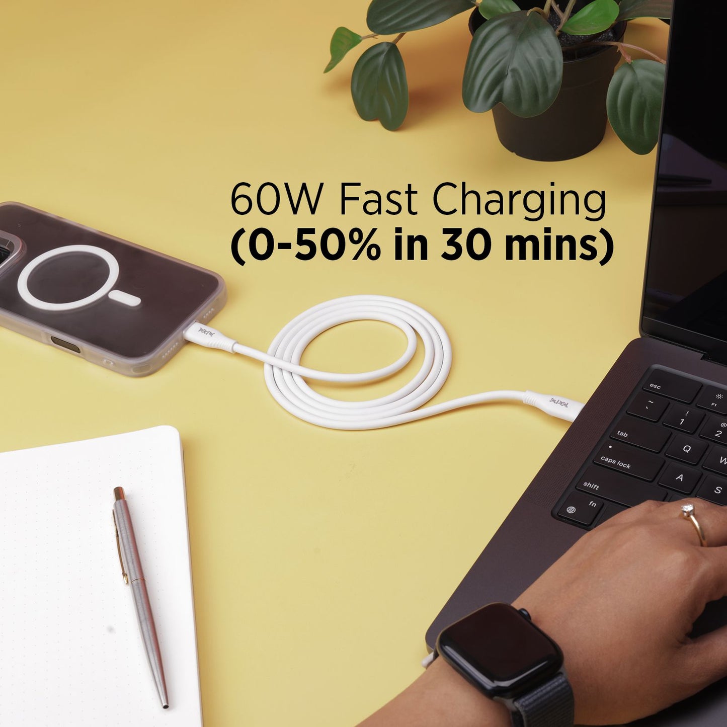 Tekne 60W iPhone Silicone Charging Cable | Fast Charging | Ultra-Durable | Tangle-Free Design - White